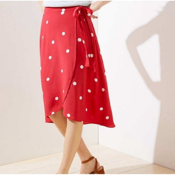 Ann Taylor Loft Womens Red And White Polka Dot Wrap Skirt Size 4P - Picture 1 of 7